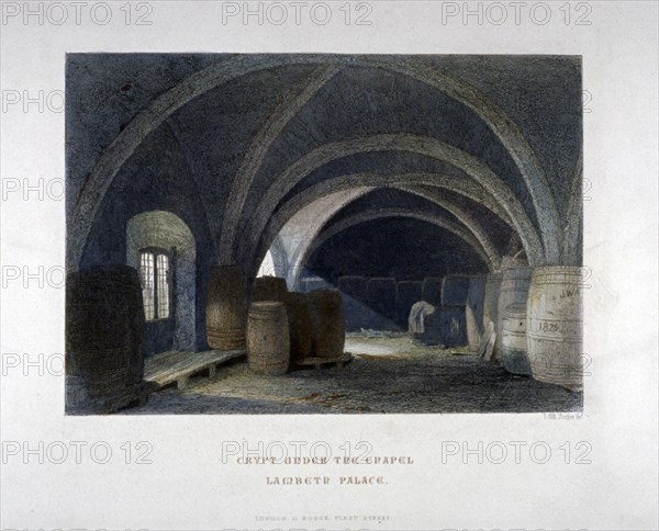 Crypt filled with barrrels under the chapel at Lambeth Palace, London, 1851. Artist: John Wykeham Archer