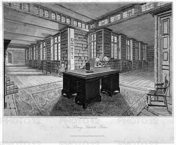 Interior view of the library at Lambeth Palace, with a desk in the foreground, 1805. Artist: John Roffe