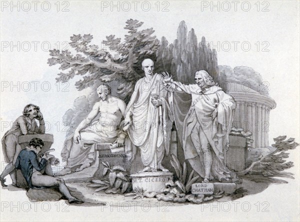 'Two Youths contemplating Statues of Demosthenes, Cicero and Pitt', c1780-1848. Artist: Edward Francis Burney