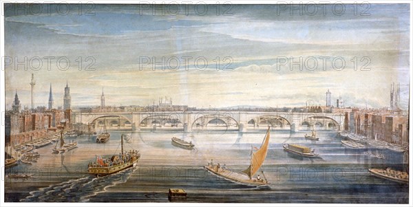View of the new London Bridge from the west, with boats and barges on the Thames, 1831. Artist: G Yates