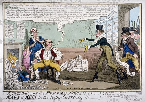 Johnny Bull and his forged notes!!!', 1819. Artist: George Cruikshank