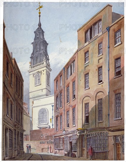 Church of St Michael, Crooked Lane and part of Crooked Lane, City of London, c1815. Artist: John Coney