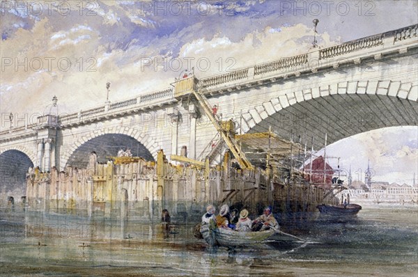 Coffer dam erected for repairing the pier of Blackfriars Bridge, London, c1870. Artist: Clarkson Stanfield