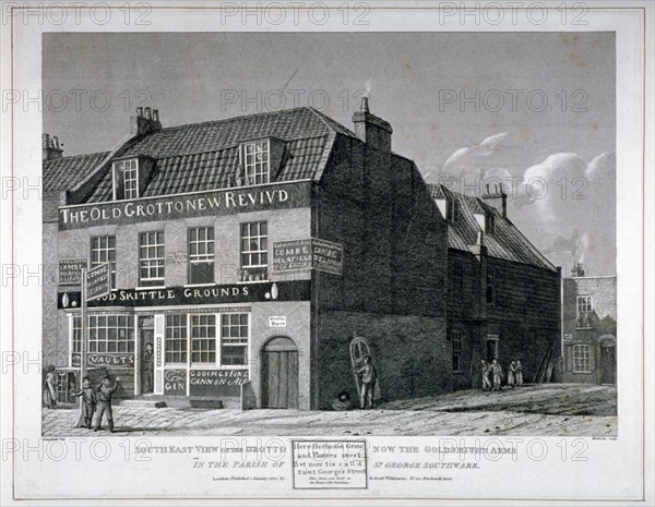 South-east view of the Grotto Inn, St George's Street, Southwark, London, 1825. Artist: Maddox