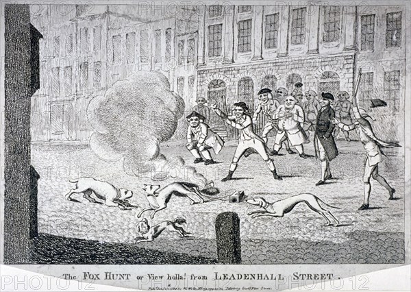 'The fox hunt or view holla! from Leadenhall Street', 1784. Artist: Anon