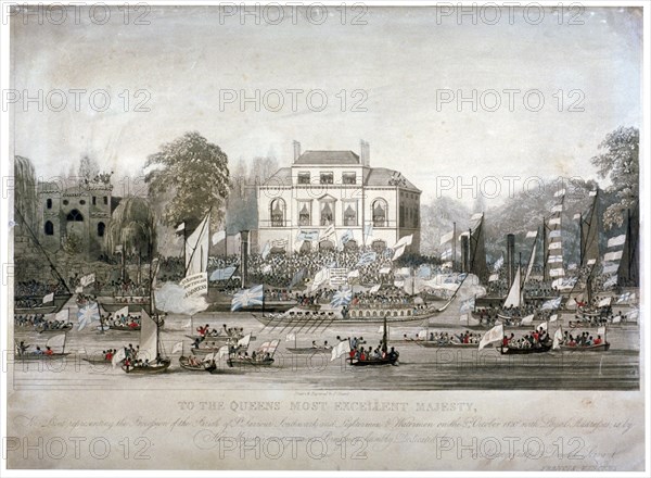 Scene on the Thames at Brandenburgh House, Hammersmith, London, 1820. Artist: F Vincent