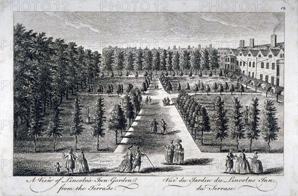 View of Lincoln's Inn Garden from the terrace, Holborn, London, c1750. Artist: Anon