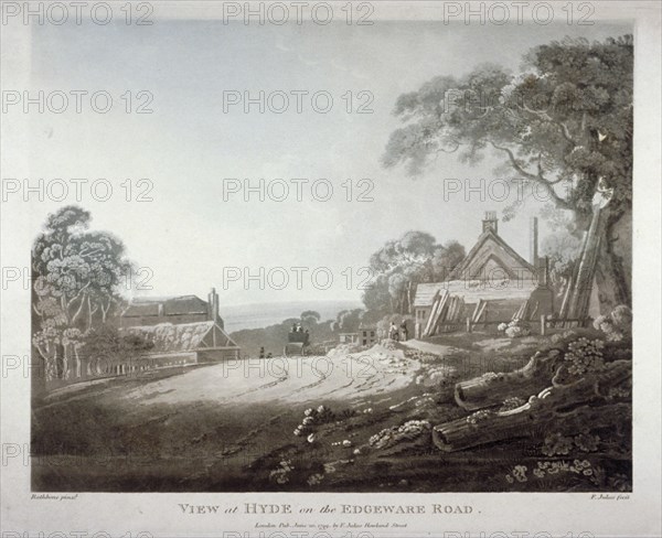 A horse-drawn carriage disappearing over a hill on the Edgware Road, London, 1799. Artist: Francis Jukes