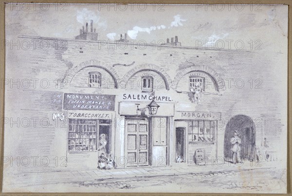 View of Salem Chapel and a tobacconists in Fitzroy Square, London, 1853. Artist: Anon