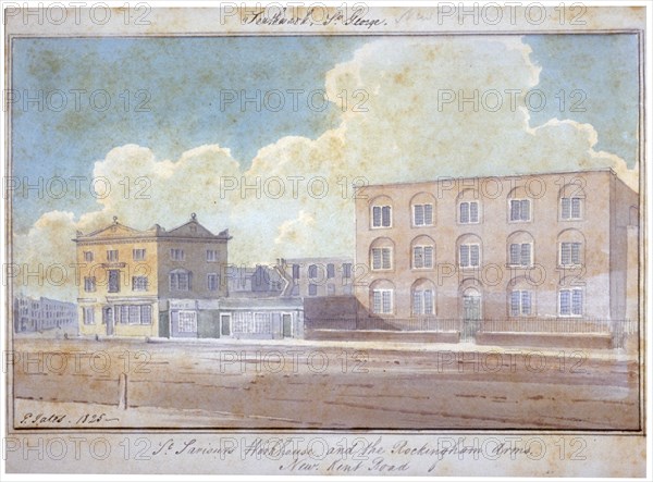 St Saviour's workhouse and the Rockingham Arms Inn, New Kent Road, Southwark, London, 1825. Artist: G Yates