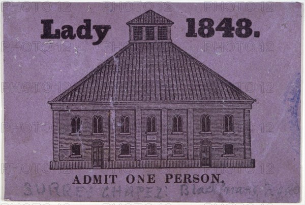 A ticket of admission for a lady to Surrey Chapel, Blackfriars Road, Southwark, London, 1848. Artist: Anon