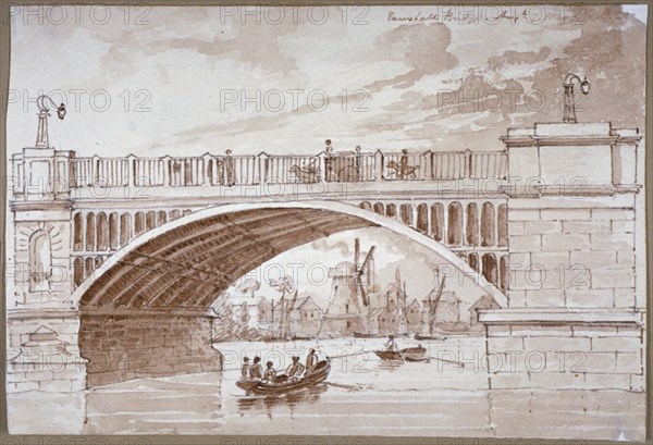 View of a small boat passing underneath Vauxhall Bridge, London, 1820. Artist: DHC