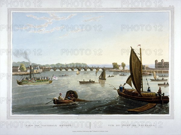 Water craft on the River Thames with Vauxhall Bridge in the distance, London, 1821. Artist: Robert Havell