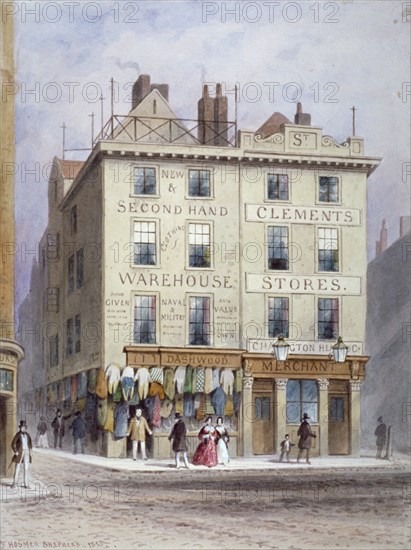 Clement's Stores at the junction of Holywell Street and Wych Street, Westminster, London, 1855. Artist: Thomas Hosmer Shepherd