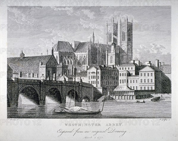 Westminster Abbey and Bridge from the River Thames, London, 1775. Artist: RB Godfrey