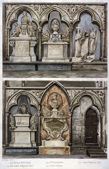 Monuments in the west aisle of Westminster Abbey's north transept, London, 1812. Artist: Augustus Charles Pugin