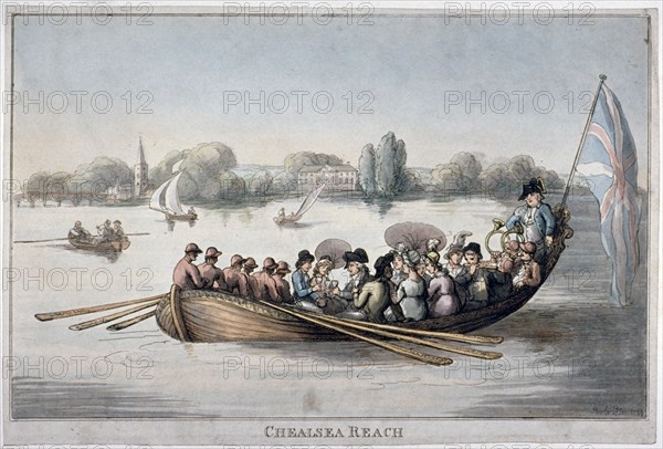 View showing figures in a rowing boat on the Thames at Chelsea Reach, London, 1799. Artist: Anon