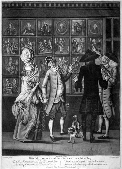 'Miss Macaroni and her gallant at a print shop', 1773. Artist: John Raphael Smith