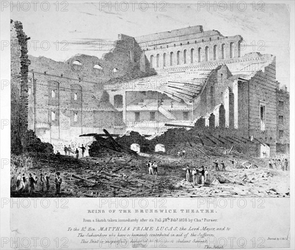 Ruins of Brunswick Theatre, Goodman's Fields, Stepney, London, 1828. Artist: Anon