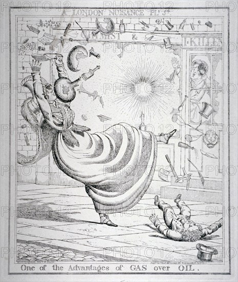 'One of the Advantages of Gas over Oil', 1821. Artist: Richard Dighton