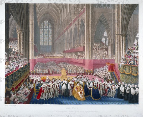 The coronation of King George IV in Westminster Abbey, London, 19th July, 1821. Artist: Frederick Christian Lewis