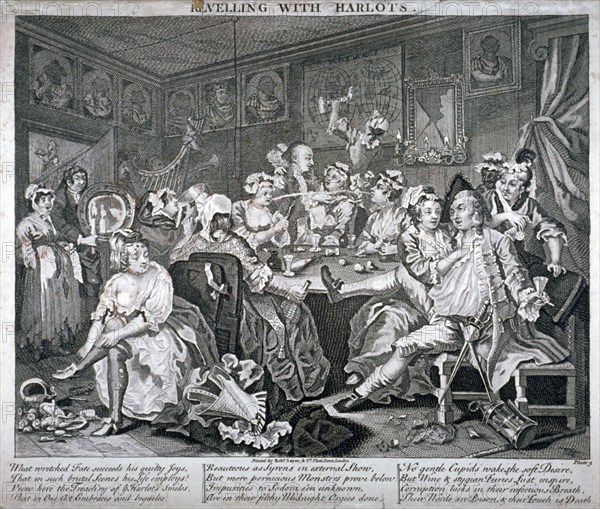 Revelling with Harlots', plate III of A Rake's Progress, 1735. Artist: Anon