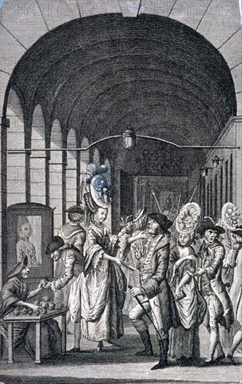 Bawds and pickpockets around a trader at Covent Garden piazza, Westminster, London, c1780. Artist: Anon