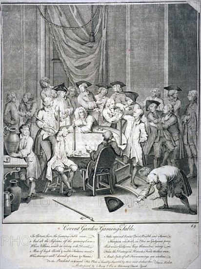 Gaming table scene in Covent Garden, Westminster, London, 1746. Artist: James Hulett