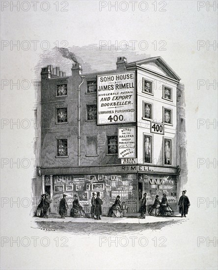 James Rimell's bookshop, Soho House, corner of Dean Street and Oxford Street, London, c1860. Artist: Anon