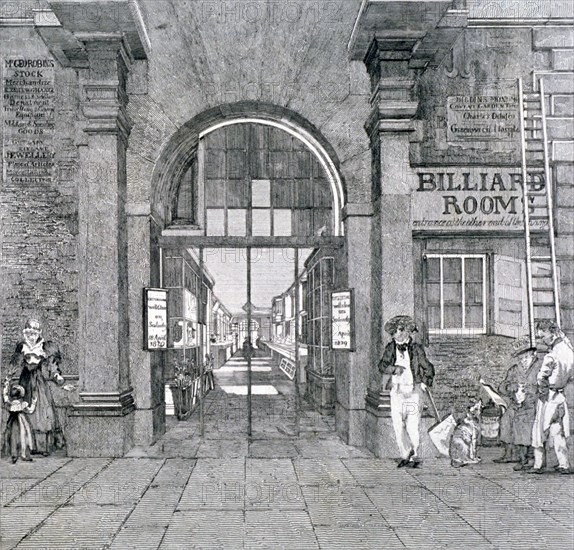 Western entrance to Exeter Change, Westminster, London, 1829 Artist: Anon