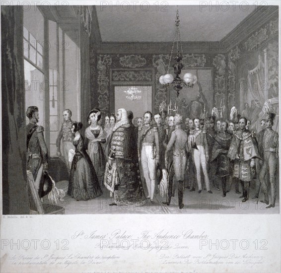 People in the the audience chamber in St James's Palace, Westminster, London, 1837. Artist: Harden Sidney Melville