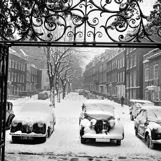 Snow-covered cars, Church Row, Hampstead, London, 1960-1965