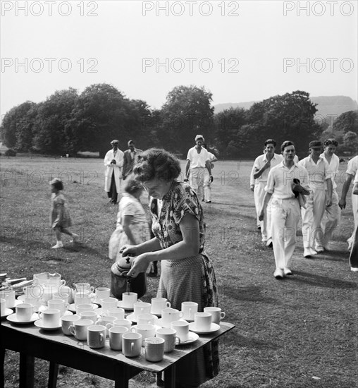Tea interval at a cricket match, Lewes, East Sussex, 1959