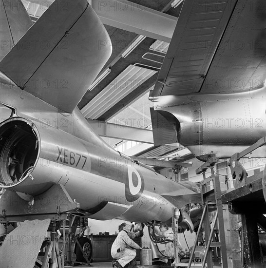 Students working on a Hawker Hunter F4 aeroplane, Loughborough University, 1960-1969