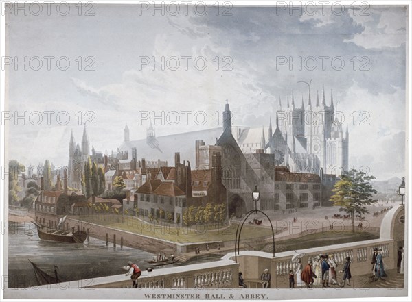 View of Westminster Hall and Abbey, from Westminster Bridge, London, 1819. Artist: Daniel Havell