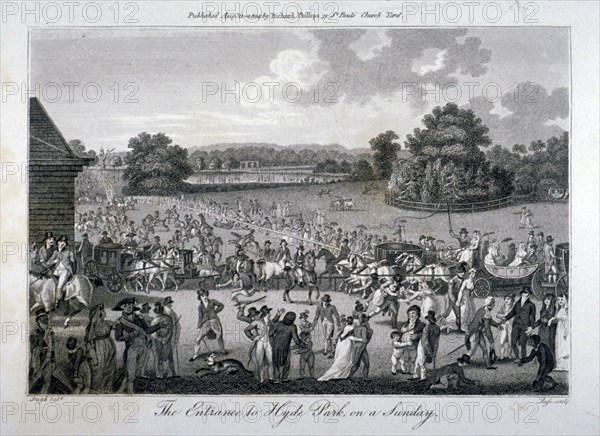 View of the crowded entrance to Hyde Park on a Sunday, London, 1804. Artist: John Pass