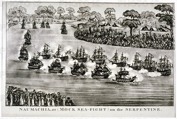 Naumachia, or (Mock Sea-Fight) on the Serpentine', Hyde Park, London, 1814. Artist: Anon