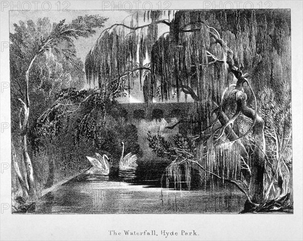 View of a waterfall and two swans in Hyde Park, London, c1820. Artist: Anon