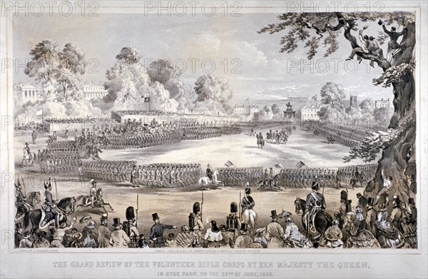 View of Hyde Park during the Volunteer Rifle Corps review by Queen Victoria, London, 1860. Artist: CJ Culliford