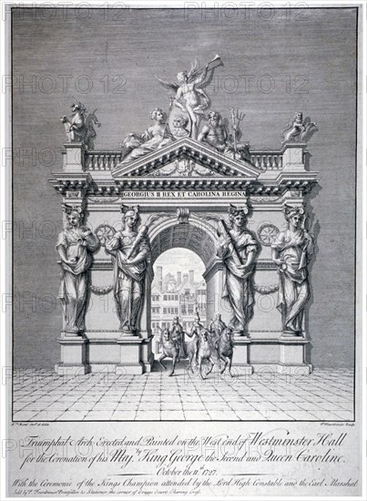 Triumphal arch on the west end of Westminster Hall, London, 1727. Artist: Pierre Fourdrinier