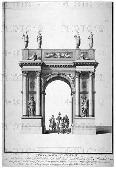 Triumphal arch on the west end of Westminster Hall, London, 1761. Artist: Anthony Walker