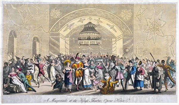 Interior view of a masquerade at the King's Theatre, Haymarket, London, 1821. Artist: Anon