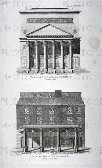 The old and new Haymarket Theatres, Westminster, London, 1822. Artist: Hixon