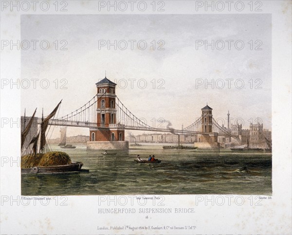 View of Hungerford Bridge from the east, London, 1854. Artist: Louis Julien Jacottet