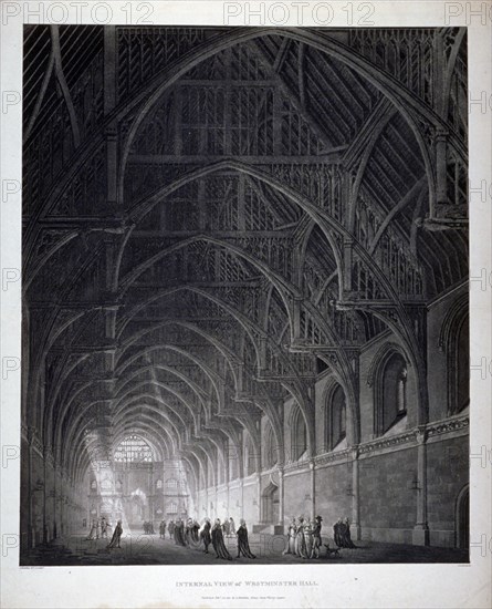 Interior view of Westminster Hall showing the fine hammerbeam roof, London, 1801. Artist: George Hawkins