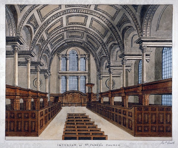 Interior view looking east, St James's Church, Piccadilly, London, 1806. Artist: Frederick Nash