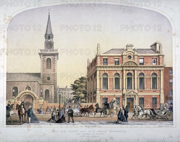 St James's Church, Piccadilly and the new vestry hall, London, c1856. Artist: Robert Dudley