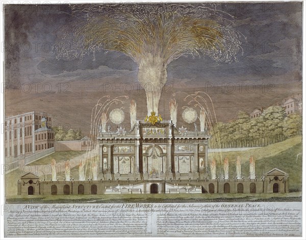 Fireworks in Green Park, Westminster, London, 1749. Artist: Anon