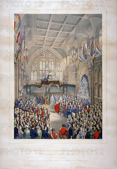 Visit of Napoleon III and the Empress Eugenie of France, Guildhall, City of London, 1855. Artist: T Turner