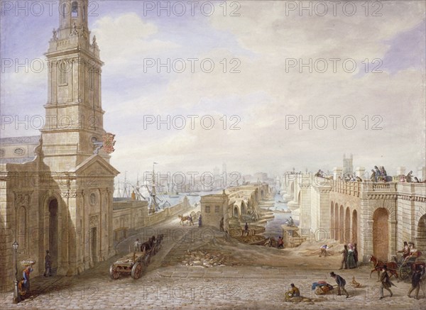 Old and new London Bridges looking south, London, 1831. Artist: George Scharf